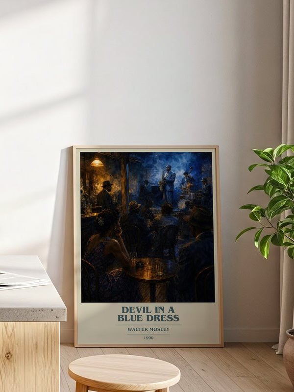 Devil in a Blue Dress poster, framed in a room