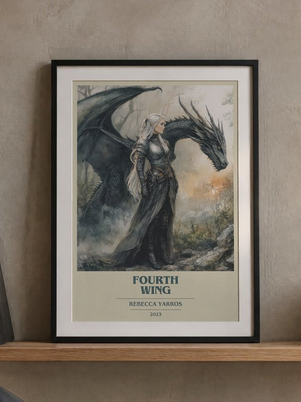 Fourth Wing poster, framed in a room