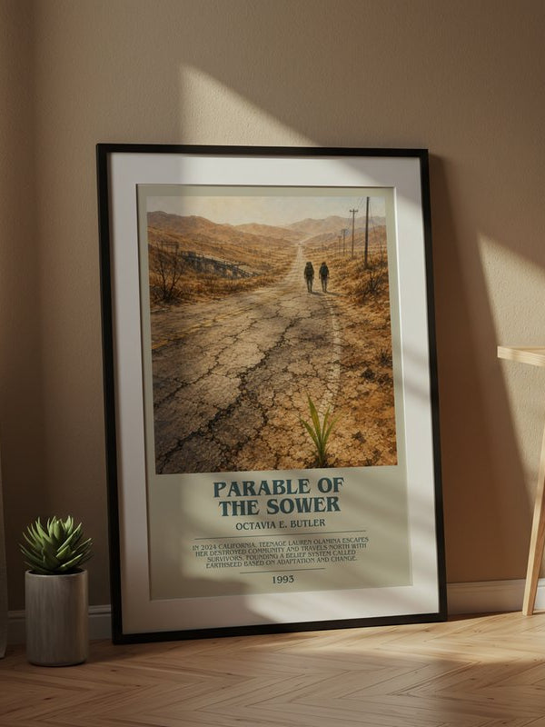 Parable of the Sower poster, framed in a room