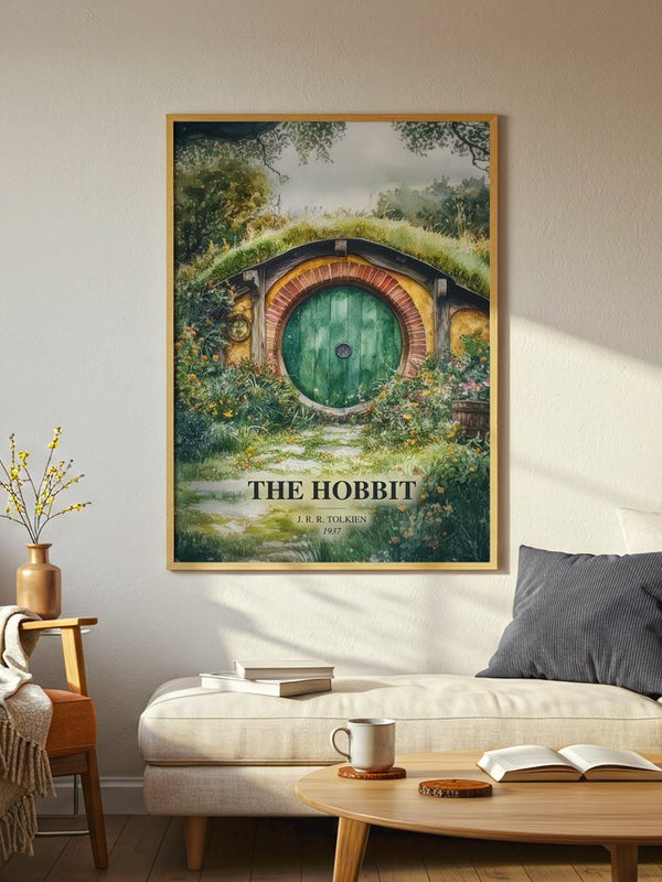 The Hobbit poster, framed in a room
