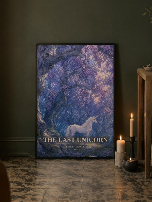 The Last Unicorn poster, framed in a room