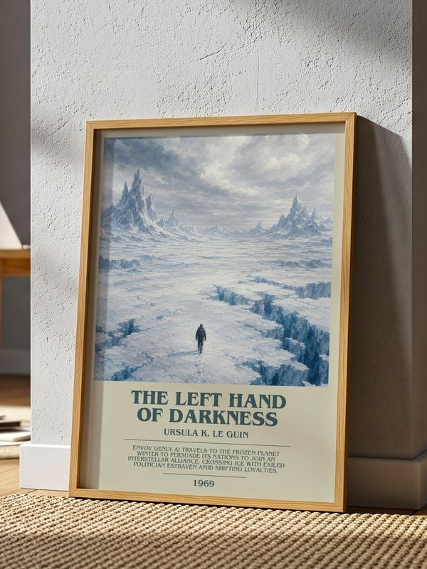 The Left Hand of Darkness poster, framed in a room