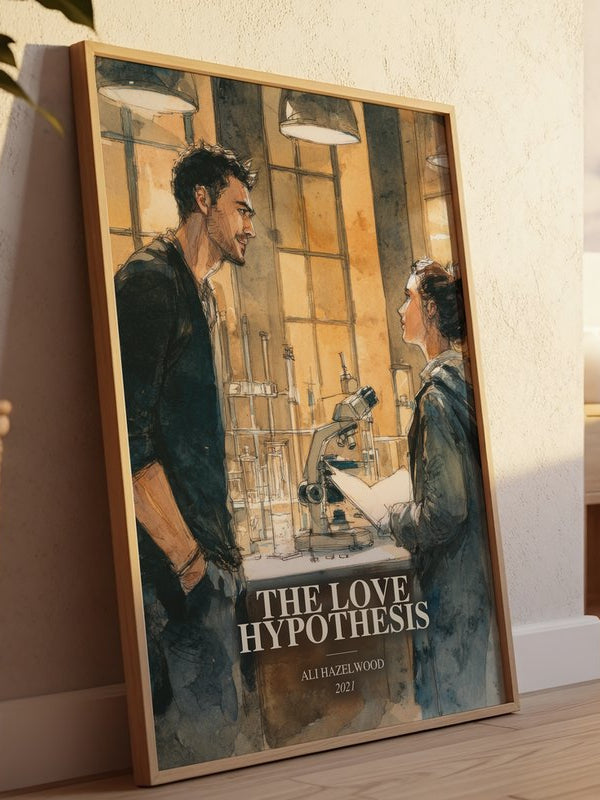 The Love Hypothesis poster, framed in a room