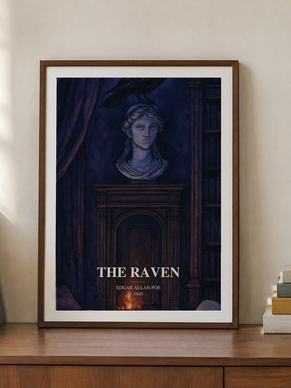 The Raven poster, framed in a room