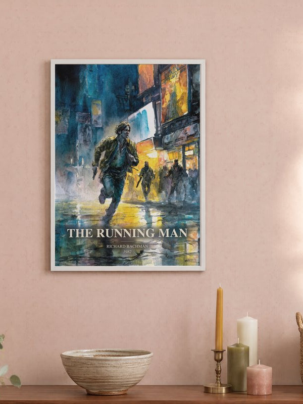 The Running Man poster, framed in a room