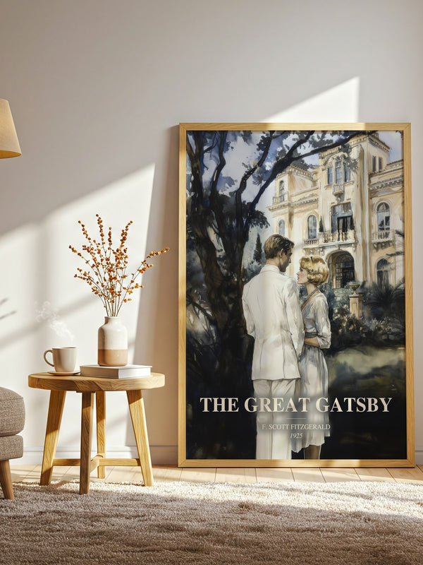 The Great Gatsby watercolour print in frame leaning in hallway – classic literature wall art