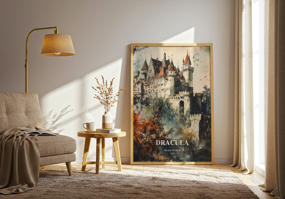 Dracula watercolour print in frame leaning in hallway – gothic wall art (mockup)