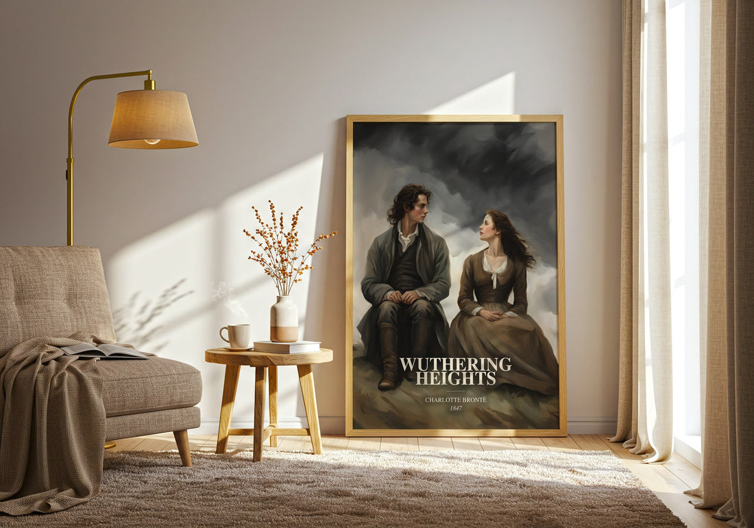 Wuthering Heights watercolour print in frame leaning in hallway – gothic wall art (mockup)