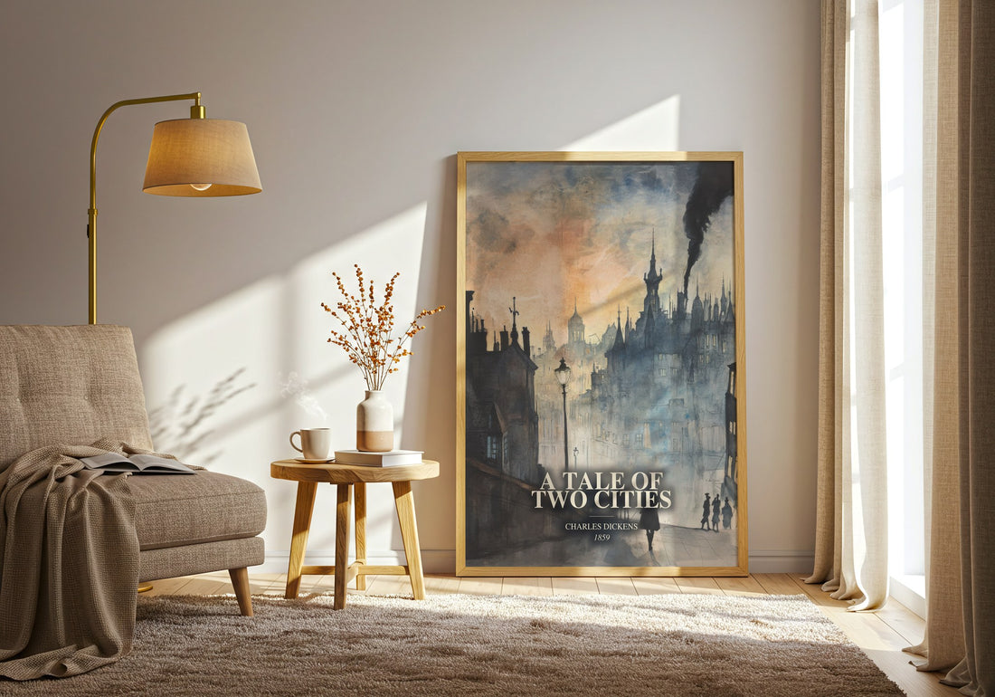 A Tale Of Two Cities watercolour print in frame leaning in hallway – historical fiction wall art (mockup)
