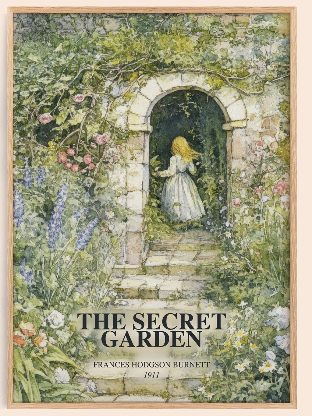The Secret Garden watercolour book poster by Frances Hodgson Burnett – framed literary art print