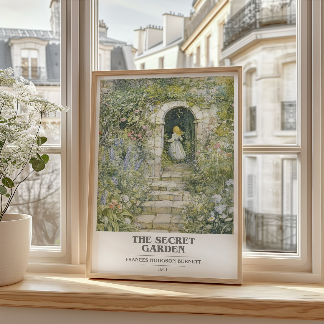 The Secret Garden Book Cover Poster by Frances Hodgson Burnett – framed print by a bright window