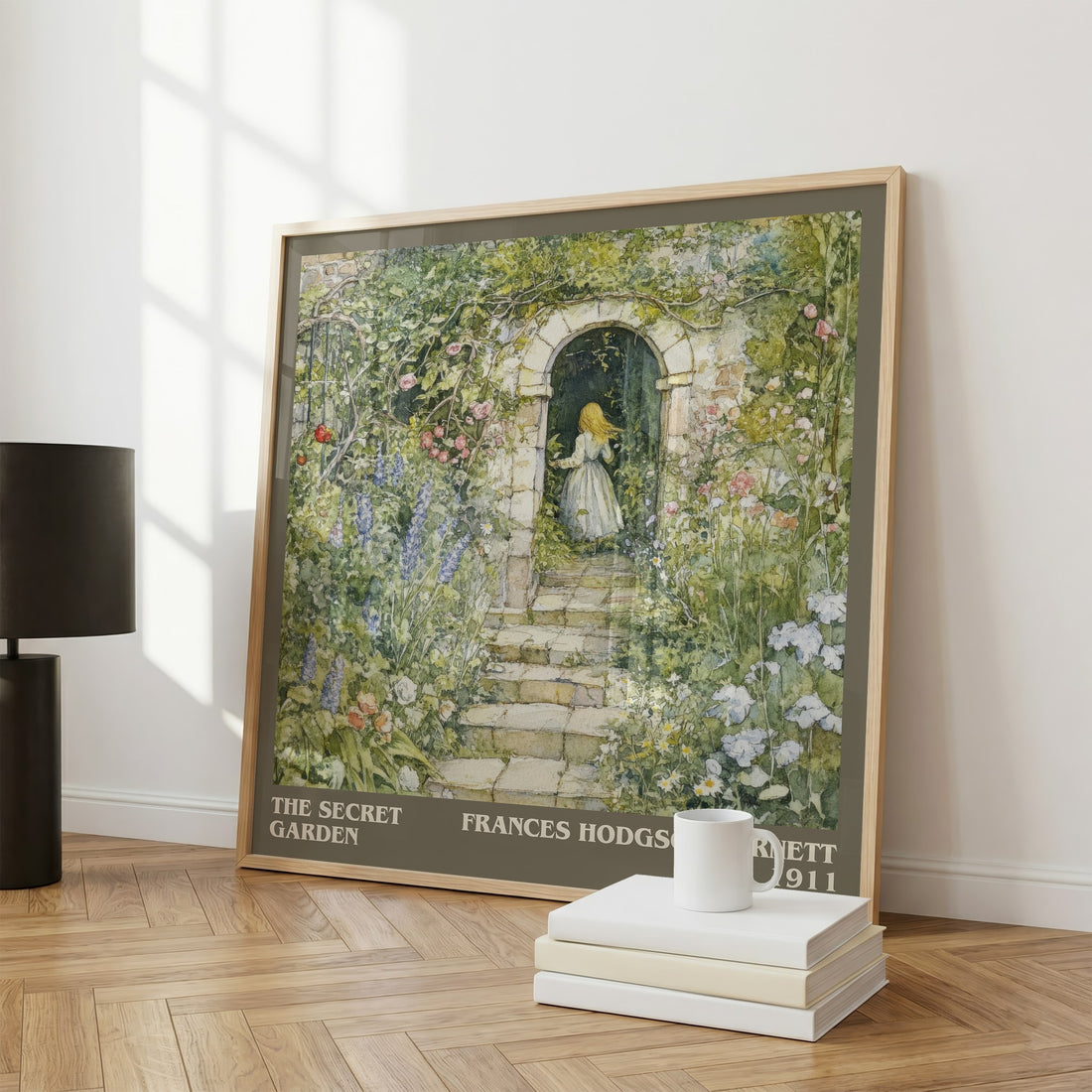 The Secret Garden Literary Art Print by Frances Hodgson Burnett – large square framed print leaning against a wall