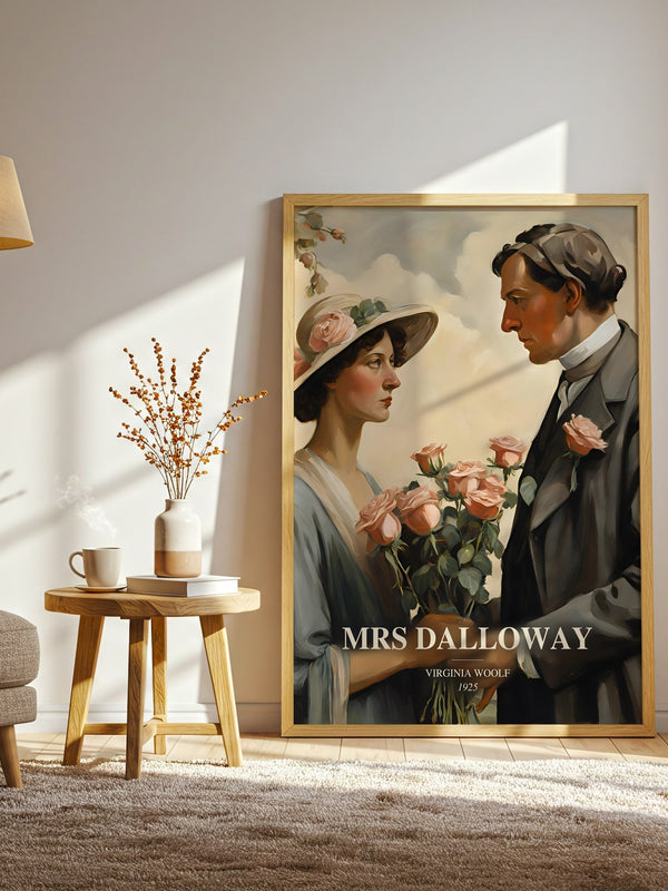 Mrs Dalloway watercolour print in frame leaning in hallway – literary fiction wall art