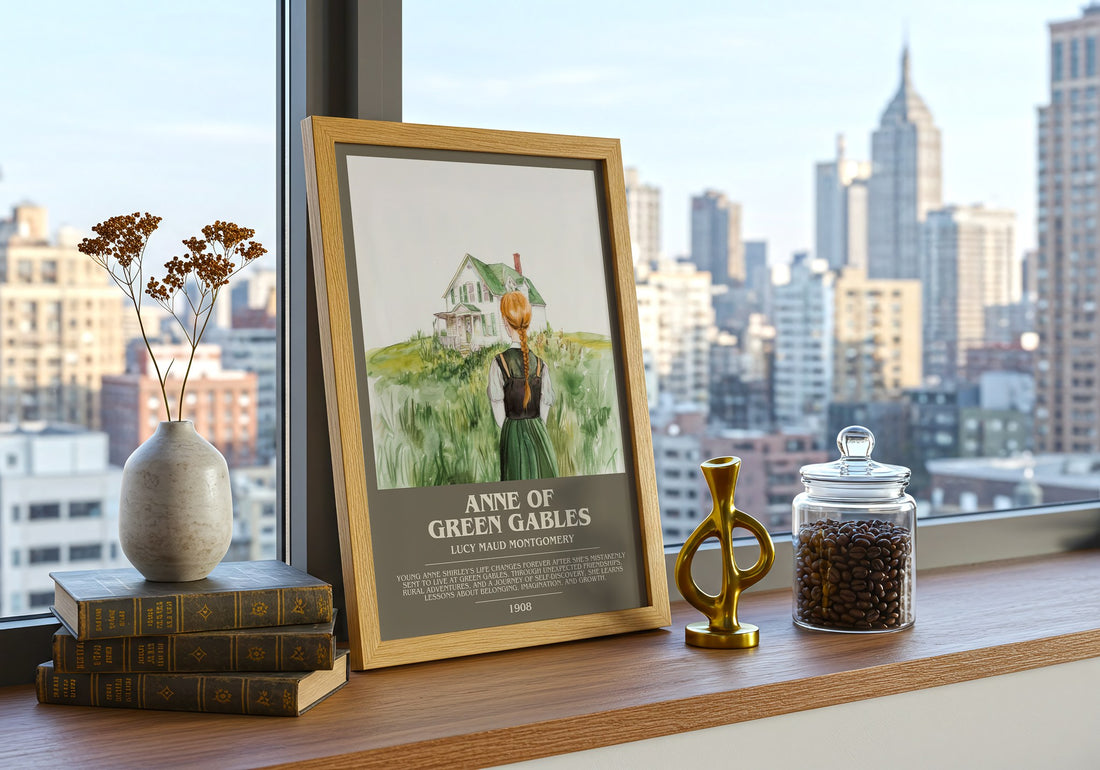 Anne of Green Gables Bookish Wall Art by Lucy Maud Montgomery – framed print on a city-view windowsill