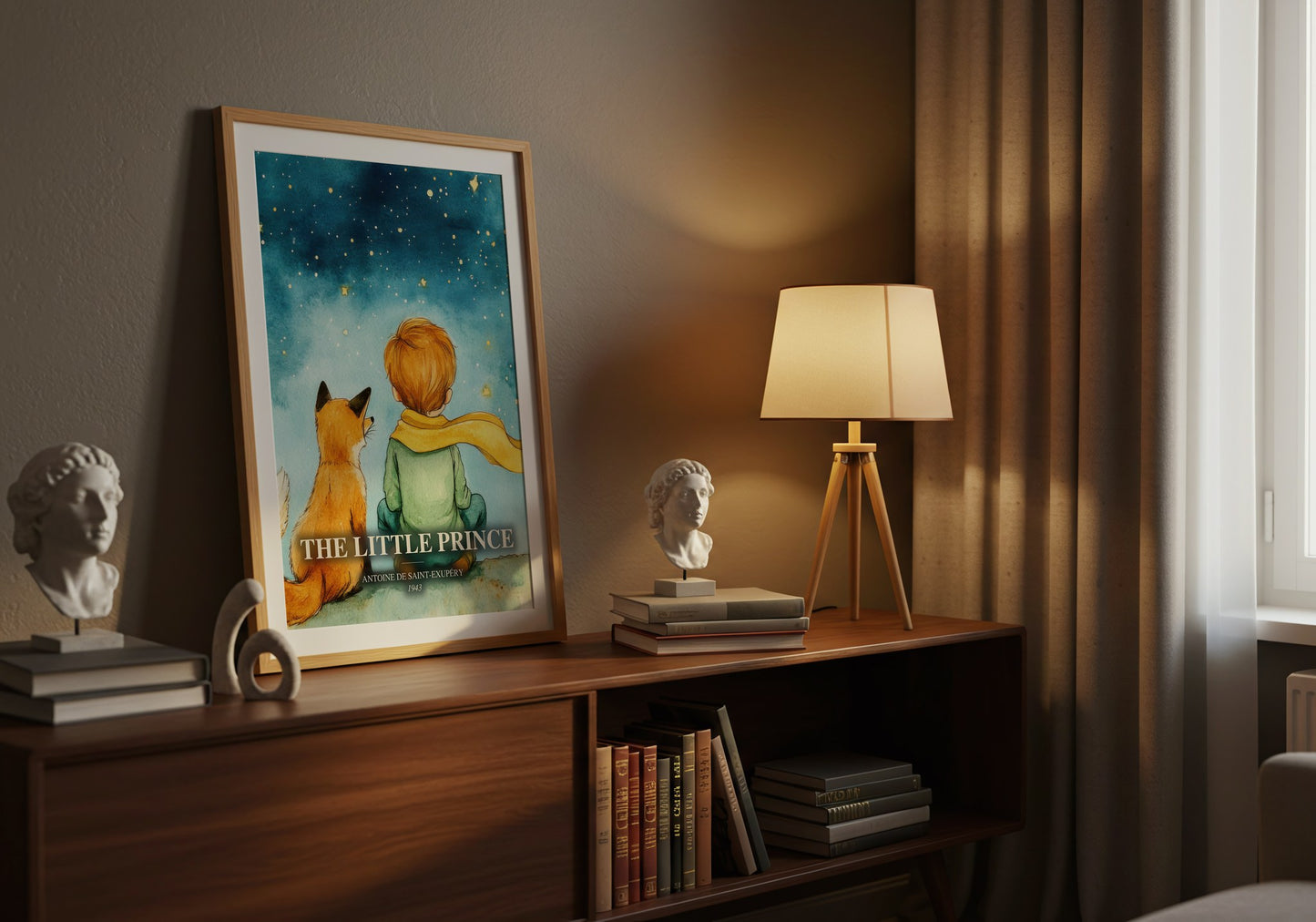 The Little Prince watercolour print on bookshelf – Antoine De Saint-Exupéry fan gift