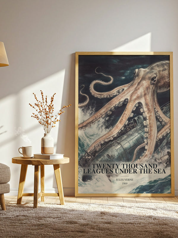 Twenty Thousand Leagues Under The Sea watercolour print in frame leaning in hallway – sci fi wall art