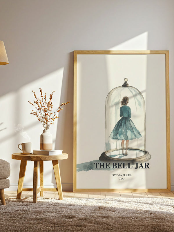 The Bell Jar watercolour print in frame leaning in hallway – literary fiction wall art
