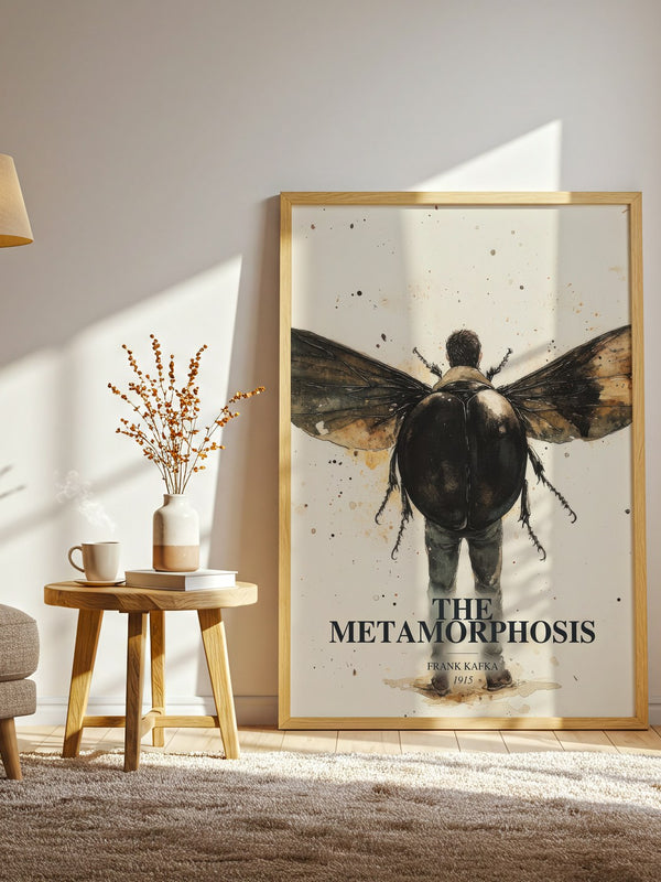 The Metamorphosis watercolour print in frame leaning in hallway – literary fiction wall art