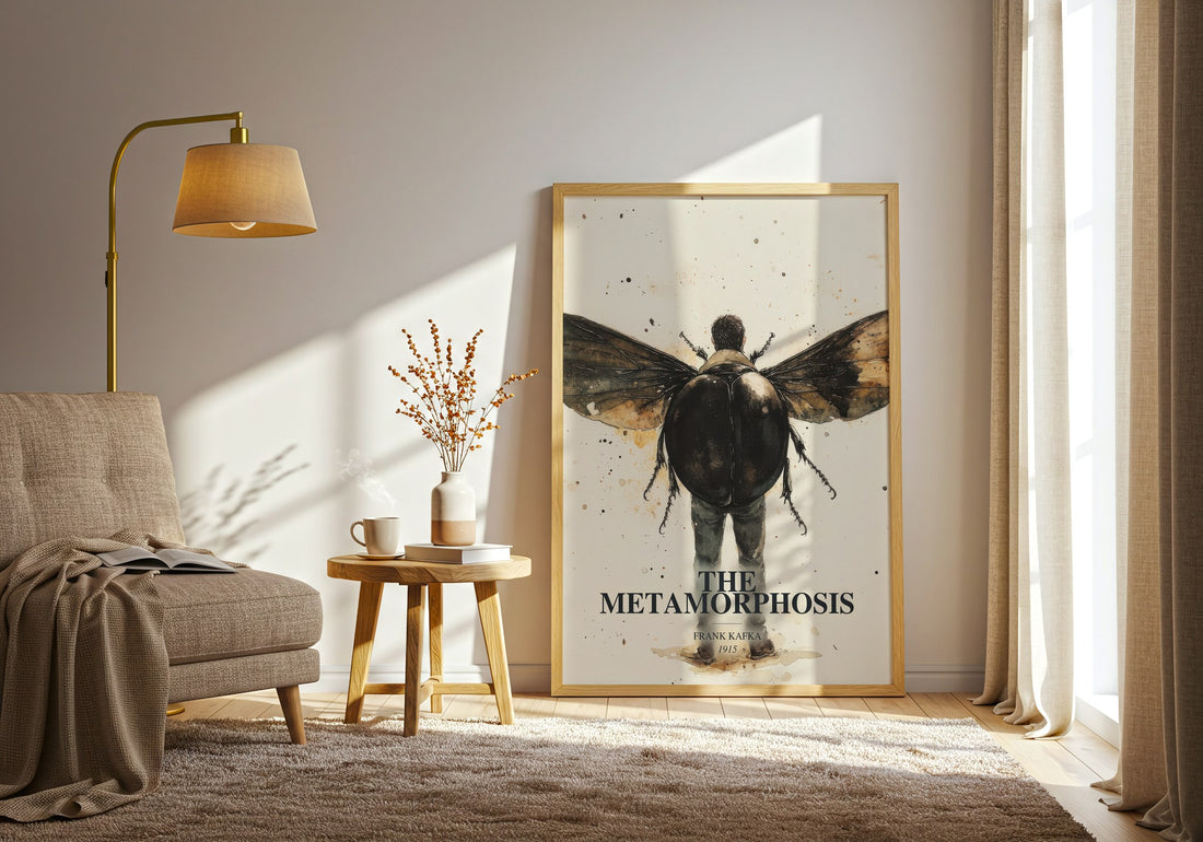 The Metamorphosis watercolour print in frame leaning in hallway – literary fiction wall art (mockup)