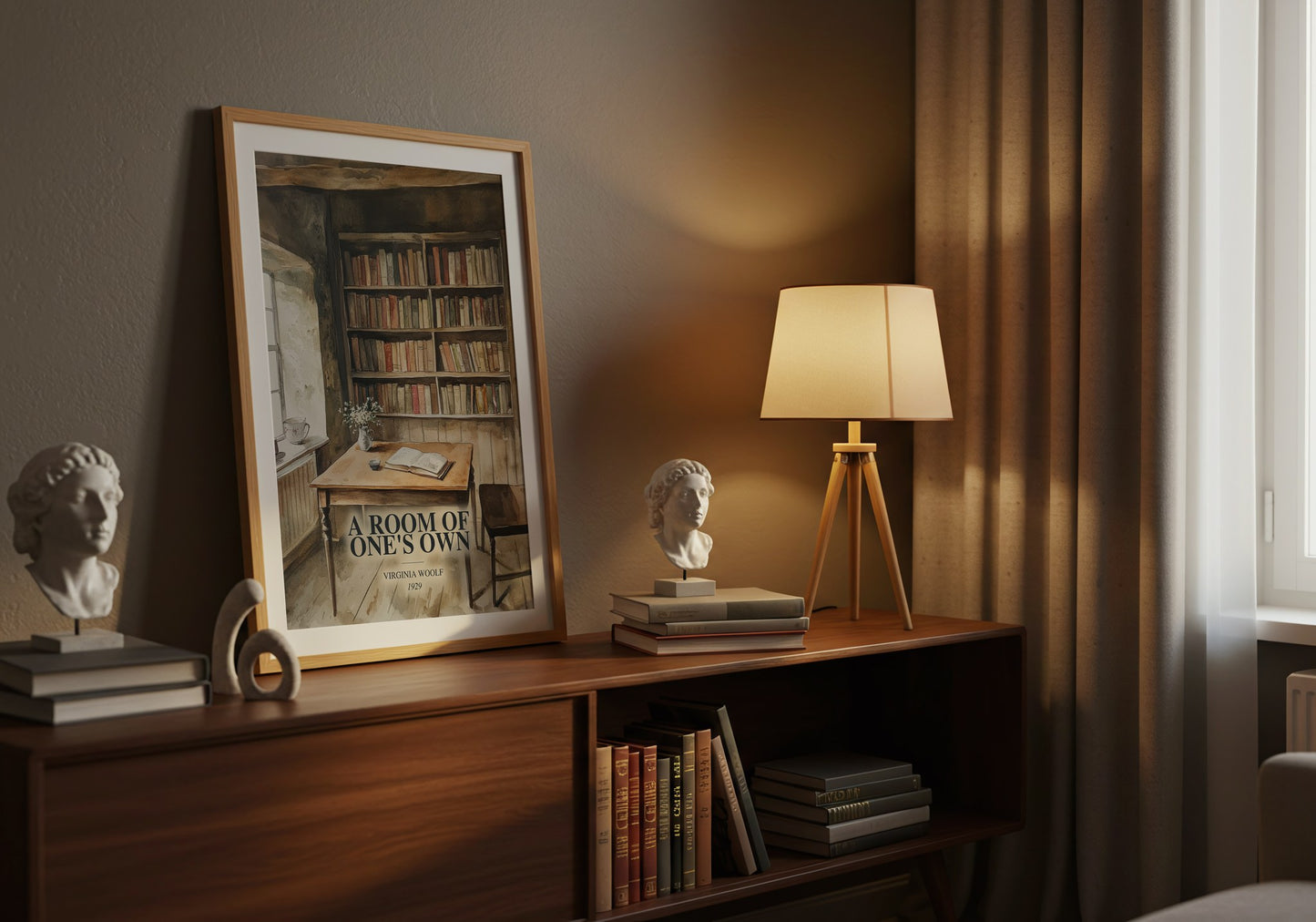 A Room Of One'S Own watercolour print on bookshelf – Virginia Woolf fan gift