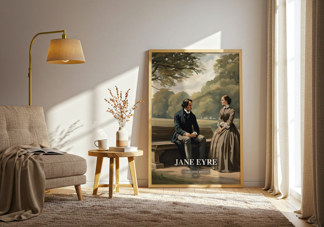 Jane Eyre watercolour print in frame leaning in hallway – gothic wall art (mockup)