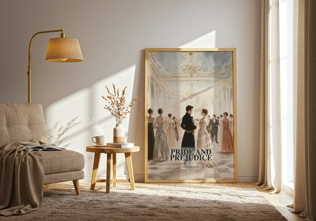 Pride And Prejudice watercolour print in frame leaning in hallway – classic literature wall art (mockup)