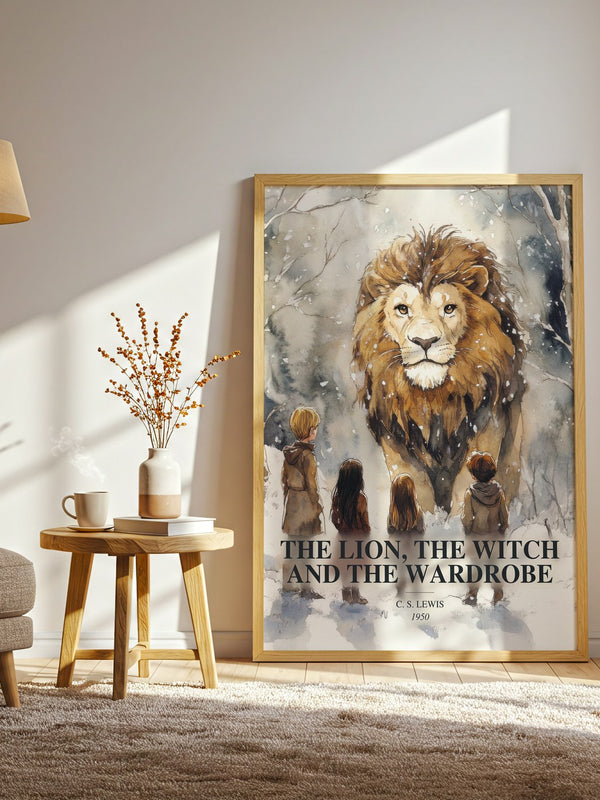 The Lion, The Witch And The Wardrobe watercolour print in frame leaning in hallway – childrens wall art