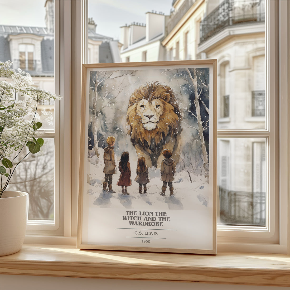 The Lion, the Witch and the Wardrobe Book Cover Poster by C. S. Lewis – framed print by a bright window