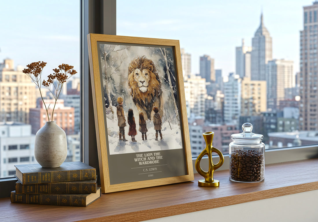 The Lion, the Witch and the Wardrobe Book Cover Poster by C. S. Lewis – framed print on a city-view windowsill