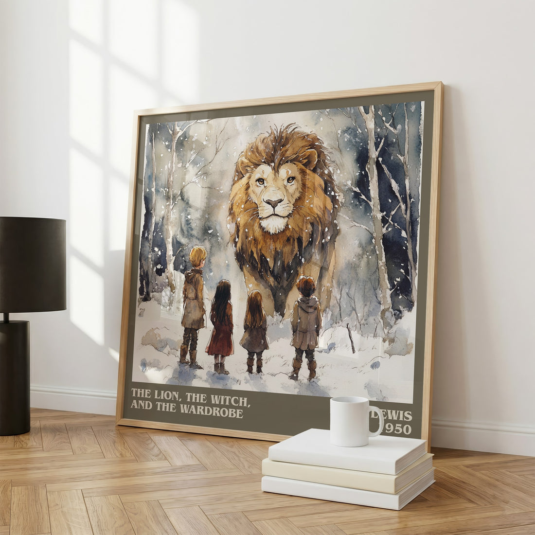 The Lion, the Witch and the Wardrobe Literary Art Print by C. S. Lewis – large square framed print leaning against a wall