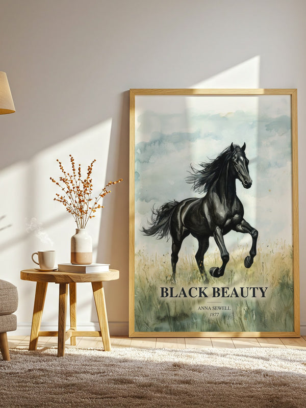 Black Beauty watercolour print in frame leaning in hallway – childrens wall art