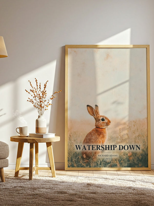 Watership Down watercolour print in frame leaning in hallway – fantasy wall art