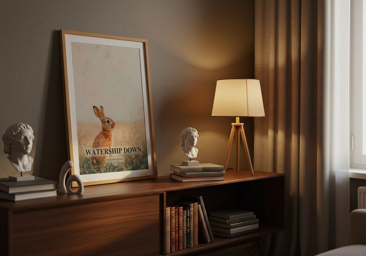Watership Down watercolour print on bookshelf – Richard Adams fan gift