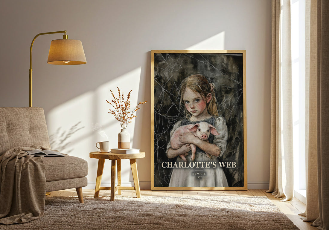 Charlotte'S Web watercolour print in frame leaning in hallway – childrens wall art (mockup)