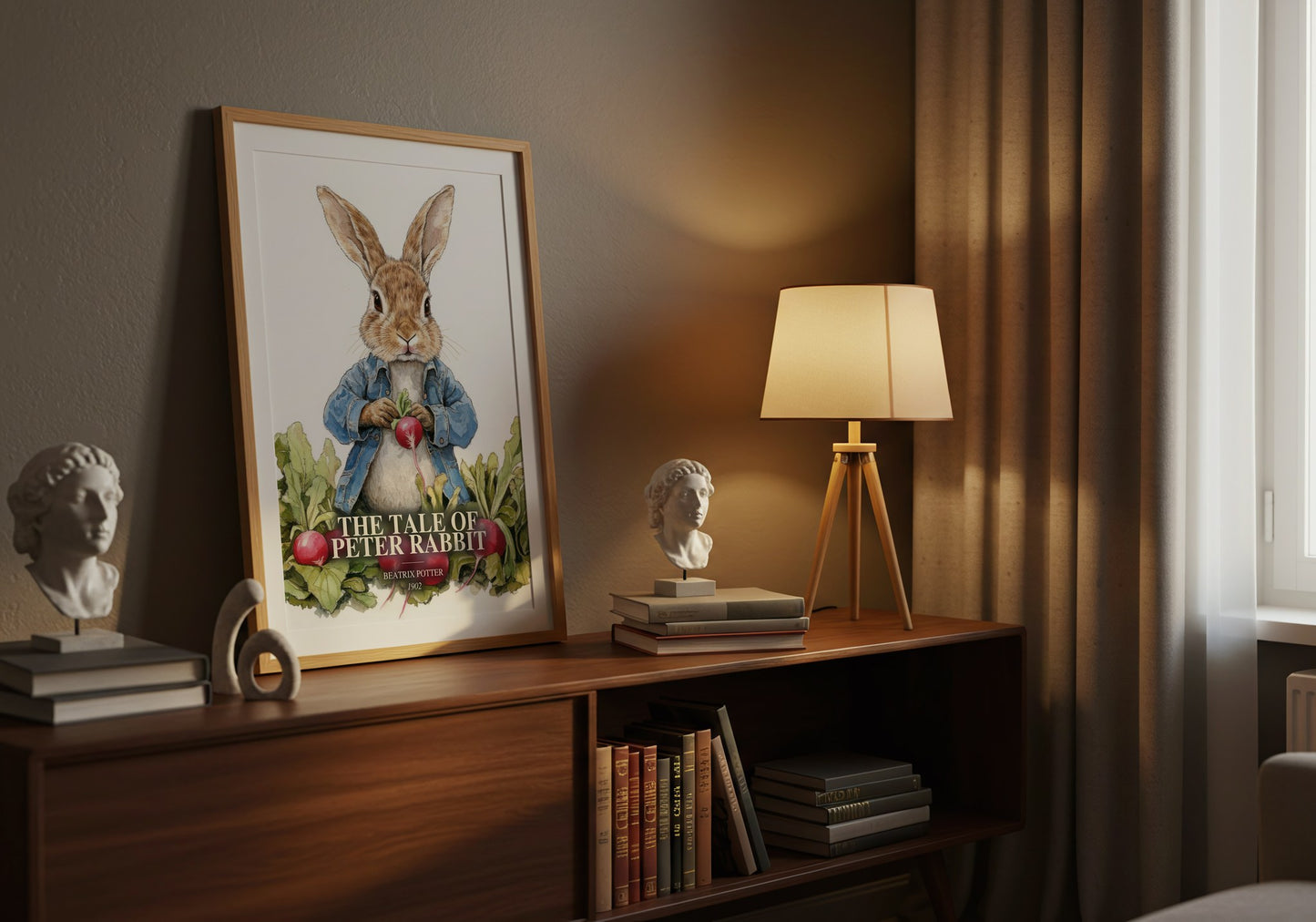 The Tale Of Peter Rabbit watercolour print on bookshelf – Beatrix Potter fan gift