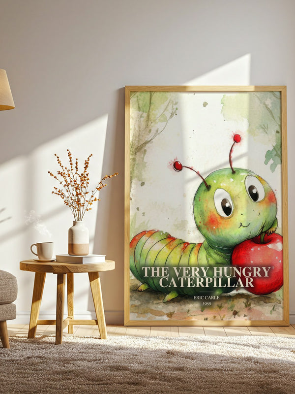 The Very Hungry Caterpillar watercolour print in frame leaning in hallway – childrens wall art