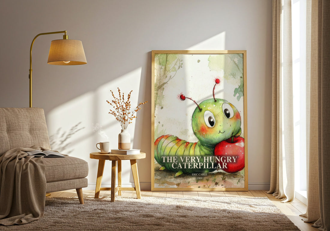 The Very Hungry Caterpillar watercolour print in frame leaning in hallway – childrens wall art (mockup)