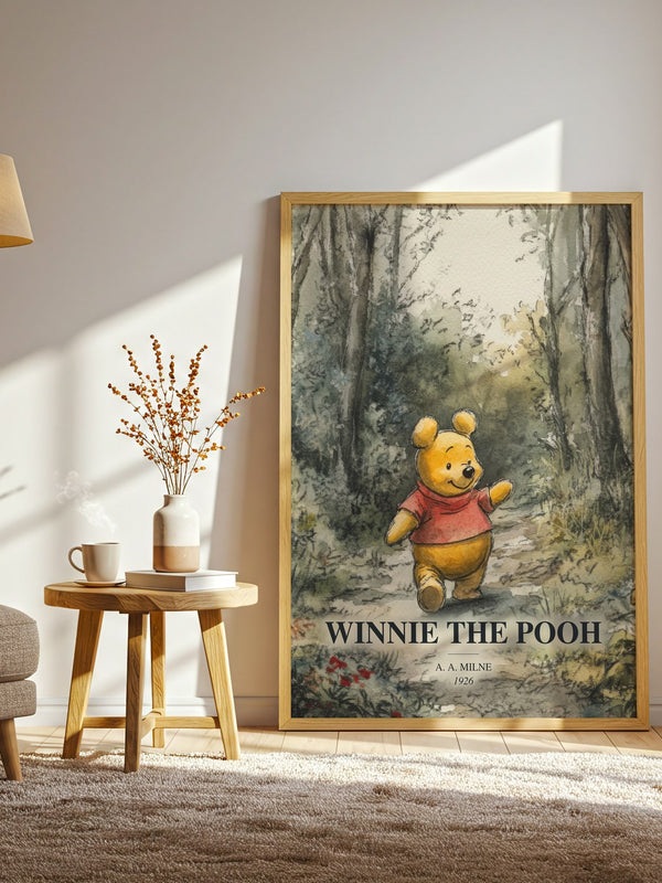 Winnie The Pooh watercolour print in frame leaning in hallway – childrens wall art