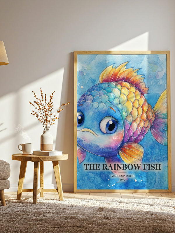 The Rainbow Fish watercolour print in frame leaning in hallway – childrens wall art