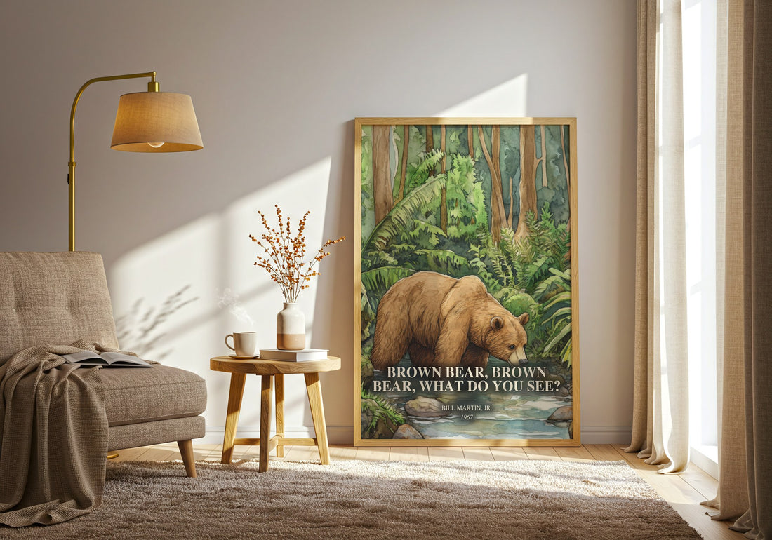 Brown Bear, Brown Bear, What Do You See? watercolour print in frame leaning in hallway – childrens wall art (mockup)