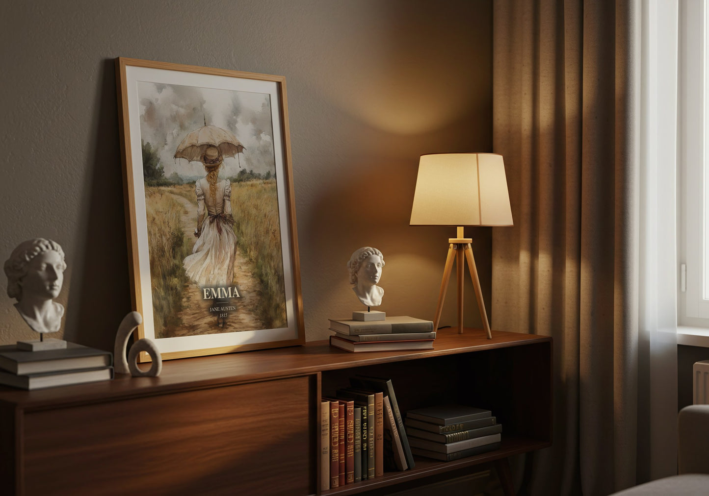 Emma watercolour print on bookshelf – Jane Austen fan gift