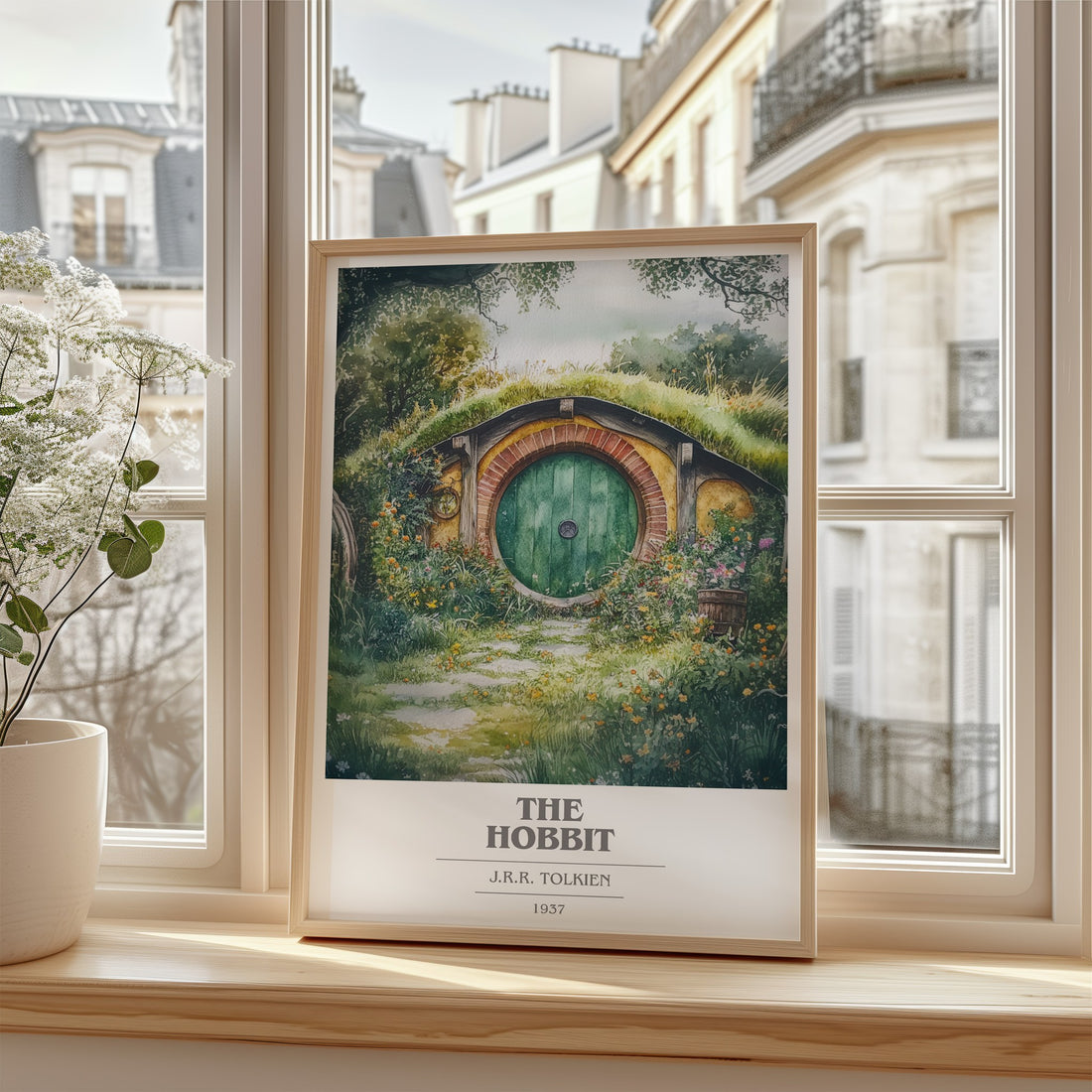 The Hobbit Book Cover Poster by J. R. R. Tolkien – framed print by a bright window