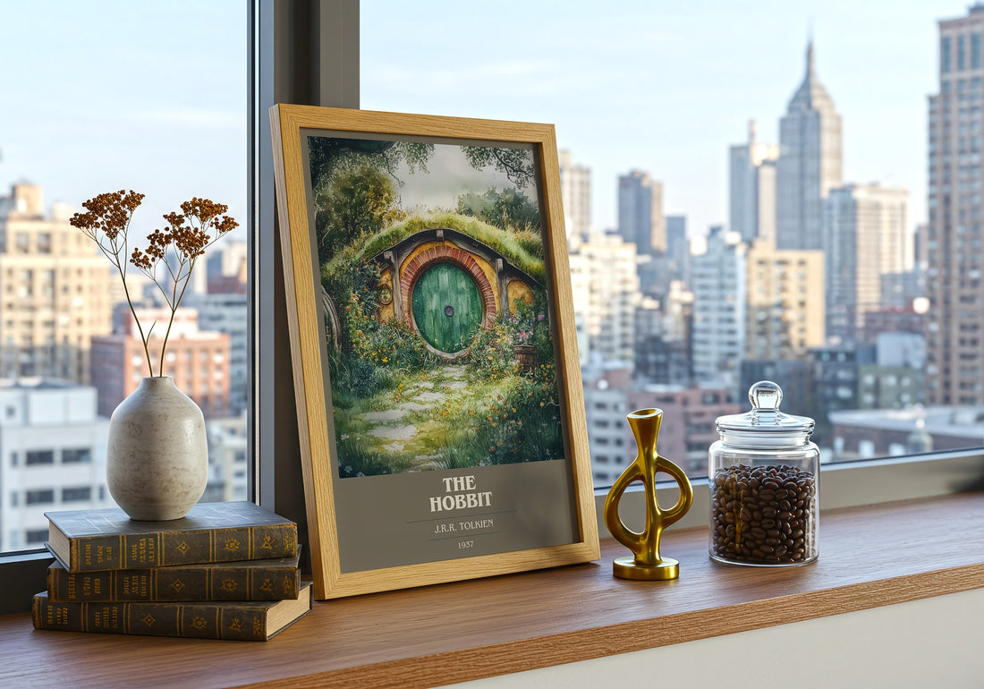 The Hobbit Book Cover Poster by J. R. R. Tolkien – framed print on a city-view windowsill