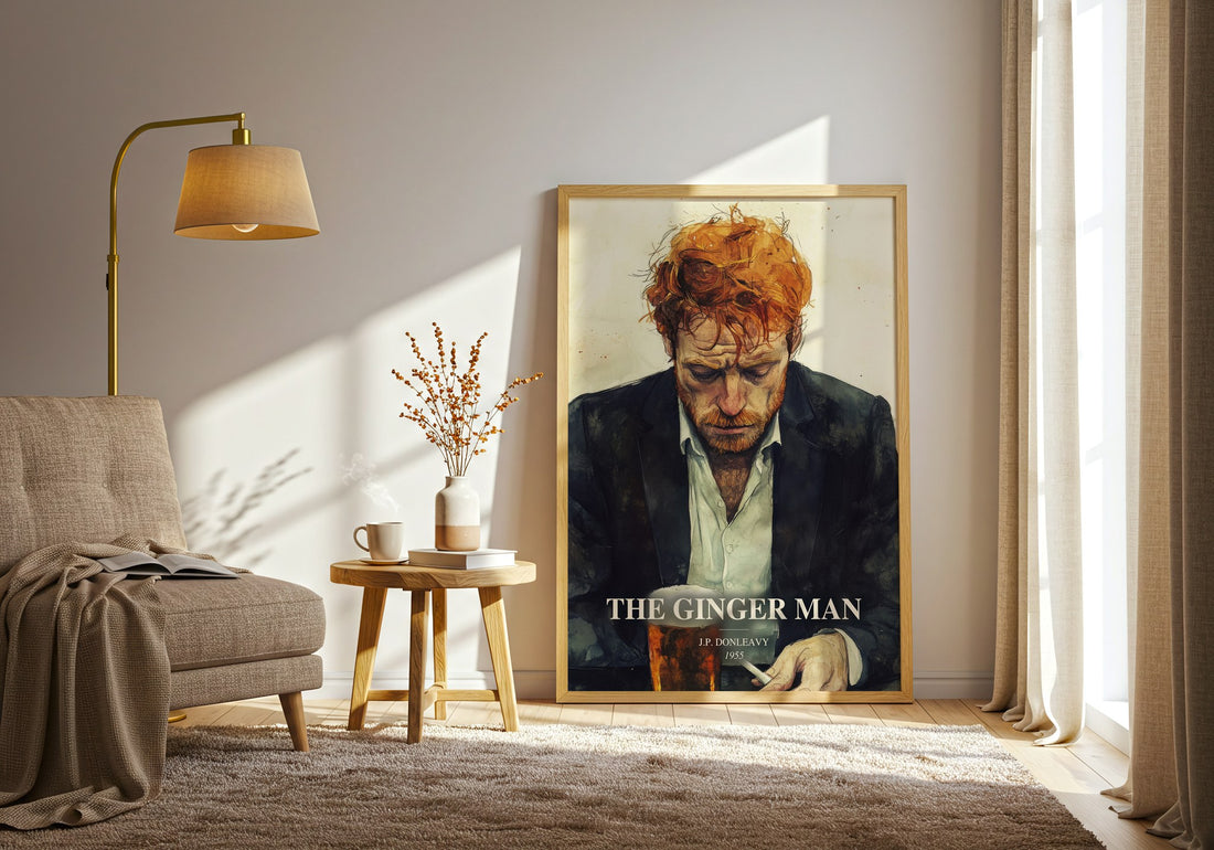 The Ginger Man watercolour print in frame leaning in hallway – literary fiction wall art (mockup)