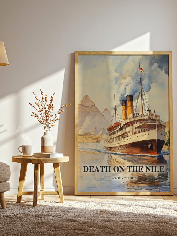 Death On The Nile watercolour print in frame leaning in hallway – mystery wall art
