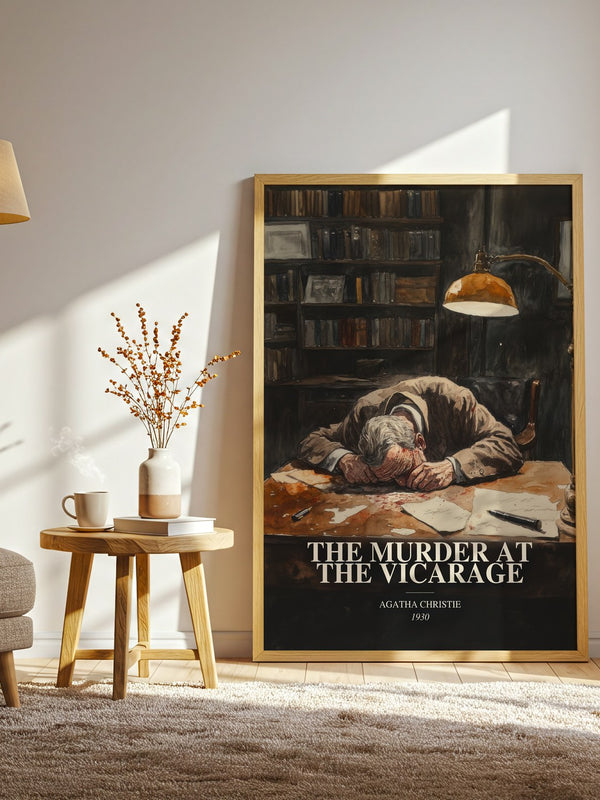 The Murder At The Vicarage watercolour print in frame leaning in hallway – mystery wall art