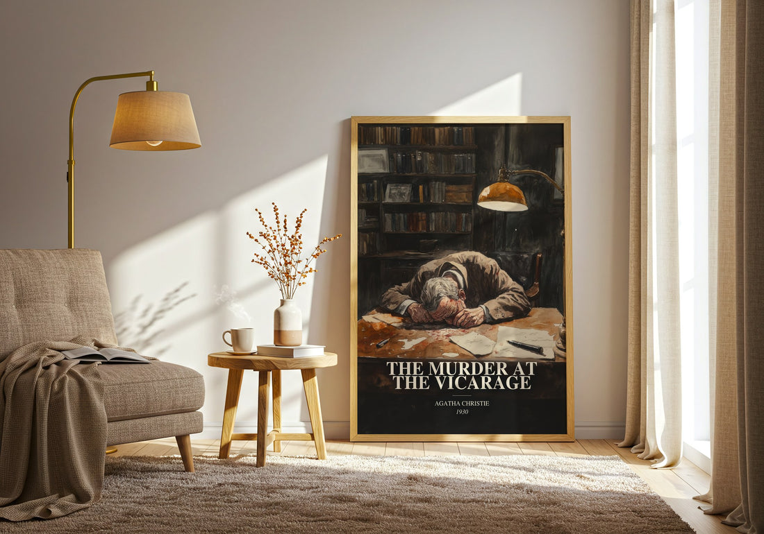 The Murder At The Vicarage watercolour print in frame leaning in hallway – mystery wall art (mockup)