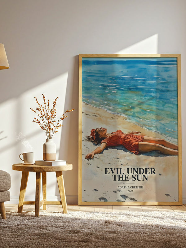 Evil Under The Sun watercolour print in frame leaning in hallway – mystery wall art