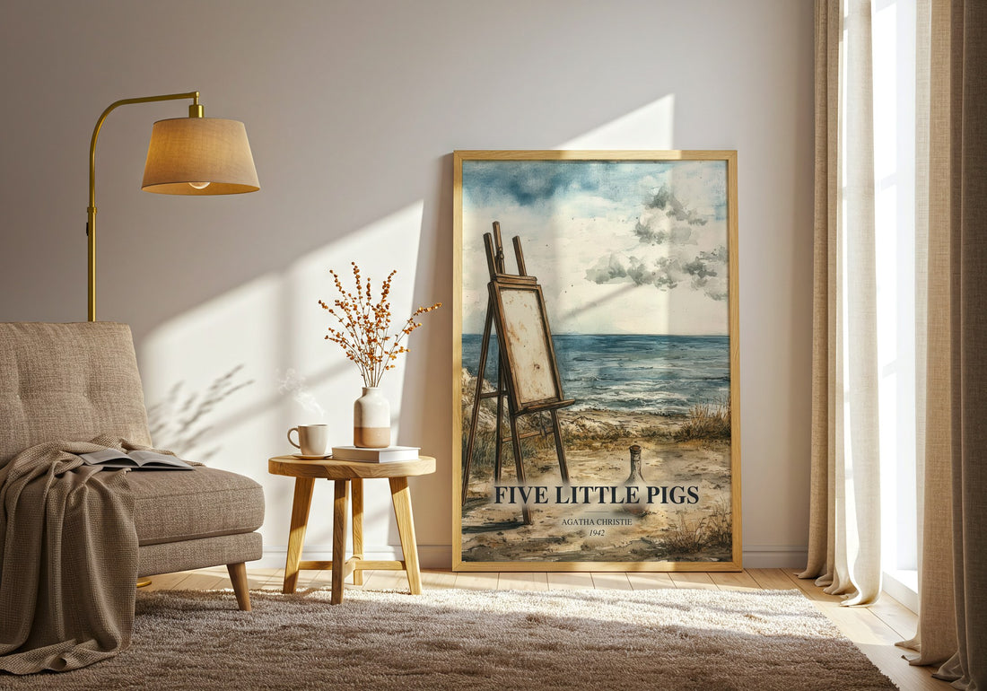 Five Little Pigs watercolour print in frame leaning in hallway – mystery wall art (mockup)
