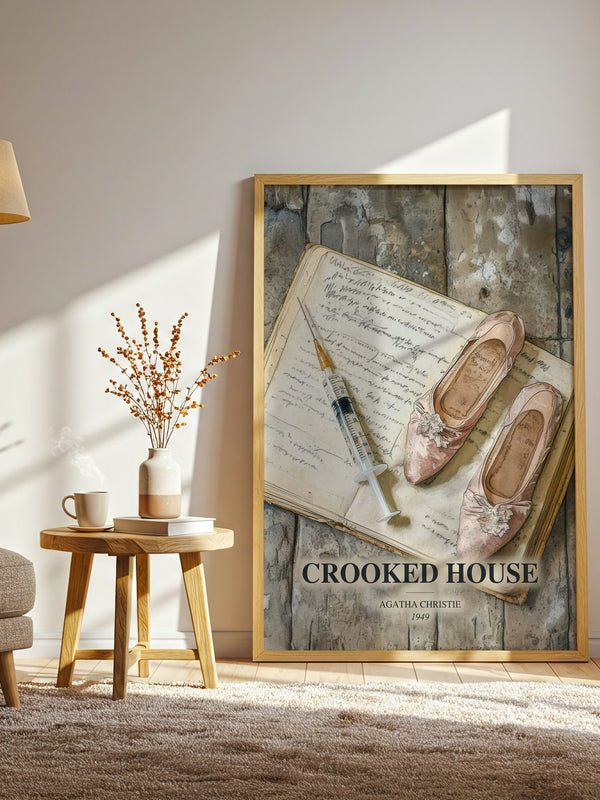 Crooked House watercolour print in frame leaning in hallway – mystery wall art